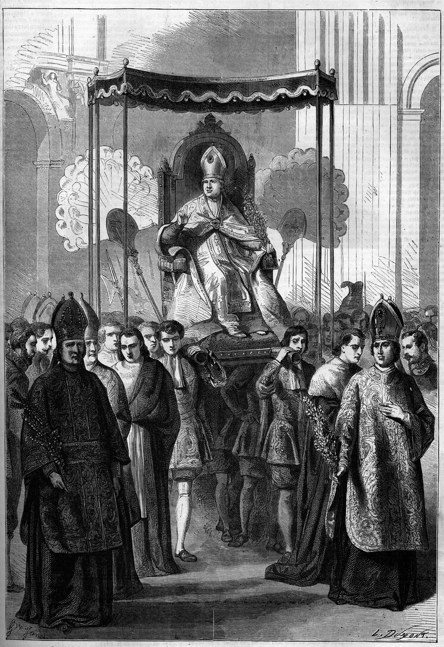 El Papa Pío IX (1792-1878) llevado en procesión a la Iglesia de San Pedro en Roma (Italia) el Domingo de Ramos en 1861. Grabado en “Le Monde Illustré” n°209 del 13 de abril de 1861 de French School