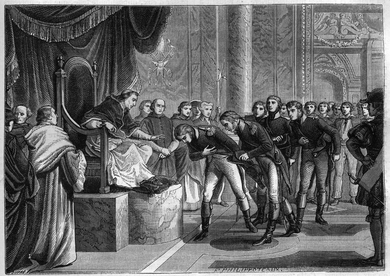 El Papa Pío VII (1742-1823) recibiendo en Roma a los marineros franceses miembros de las tripulaciones de los dos barcos Saint Peter y Saint Paul ofrecidos como regalo al Papa por Bonaparte, agosto de 1802 - Grabado de 1865 en Histoire du Consulat et de l