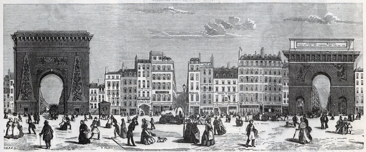 Porte Saint-Denis y rue faubourg Saint Denis - porte saint Martin y rue faubourg Saint-Martin - grabado en “Tableau-de-Paris” de Edmond Texier (1815-1887) de French School