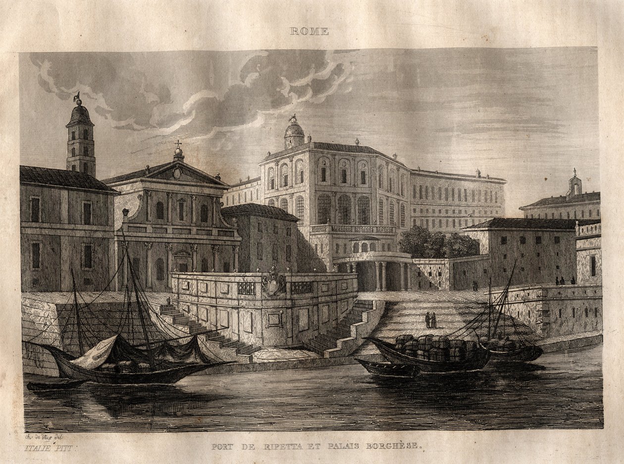 Porto di Ripetta y Palazzo Borghese - Roma - Grabado de “Italia Pintoresca” - Pintura Histórica y Descriptiva de Italia por M. de Norvins, Ch. Nodier 1834-1836 de French School
