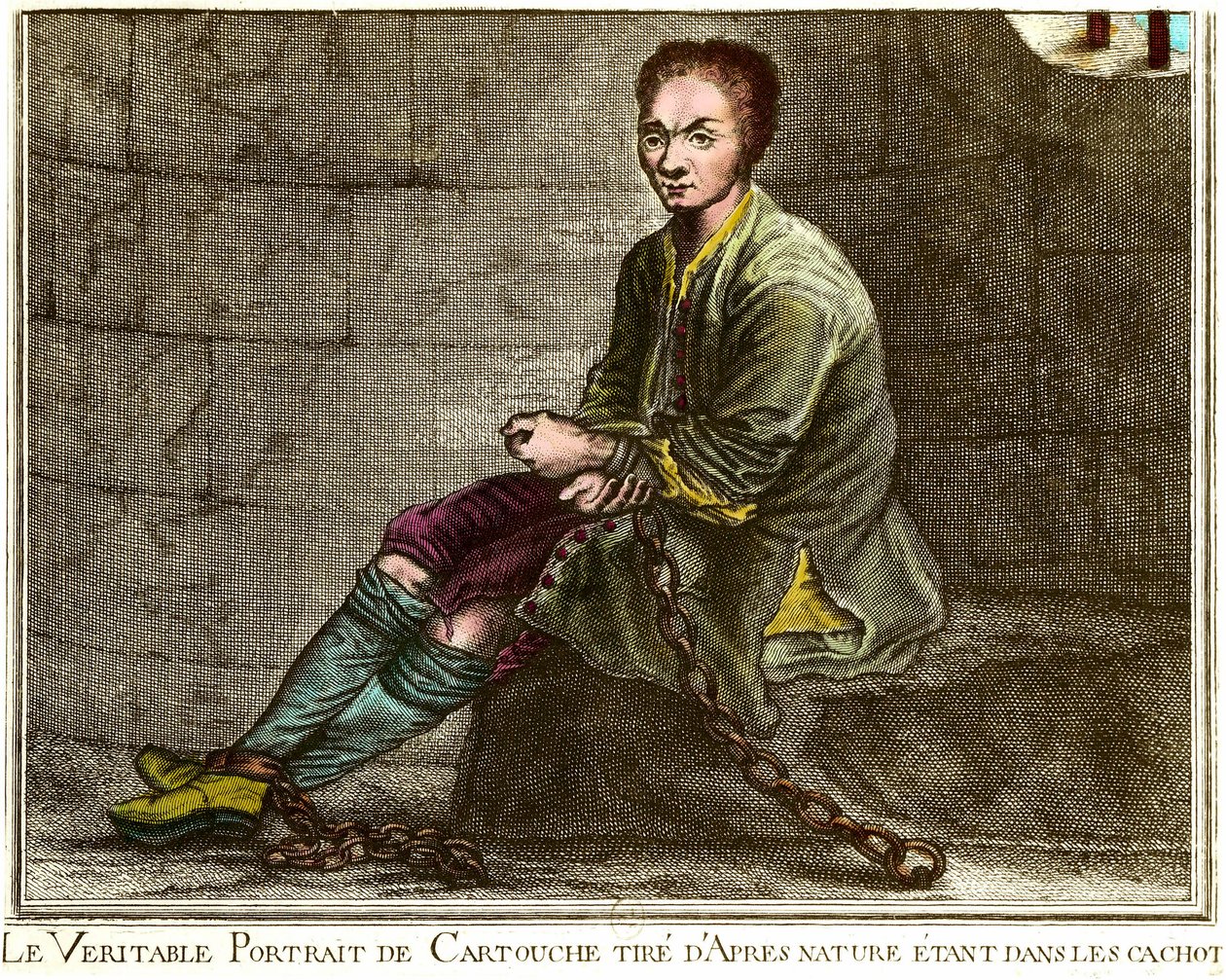 Retrato de cuerpo entero de Louis Dominique Cartouche (1693-1721), bandido francés en su calabozo. Grabado del siglo XVIII Colección privada de French School