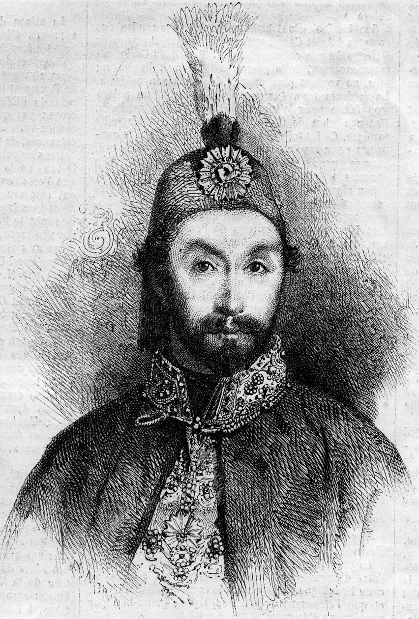 Retrato de Abdulmecit I (Abdul-Medjid-Khan, Abdul Medjid Khan) (1823-1861), sultán del Imperio Otomano. Grabado en 