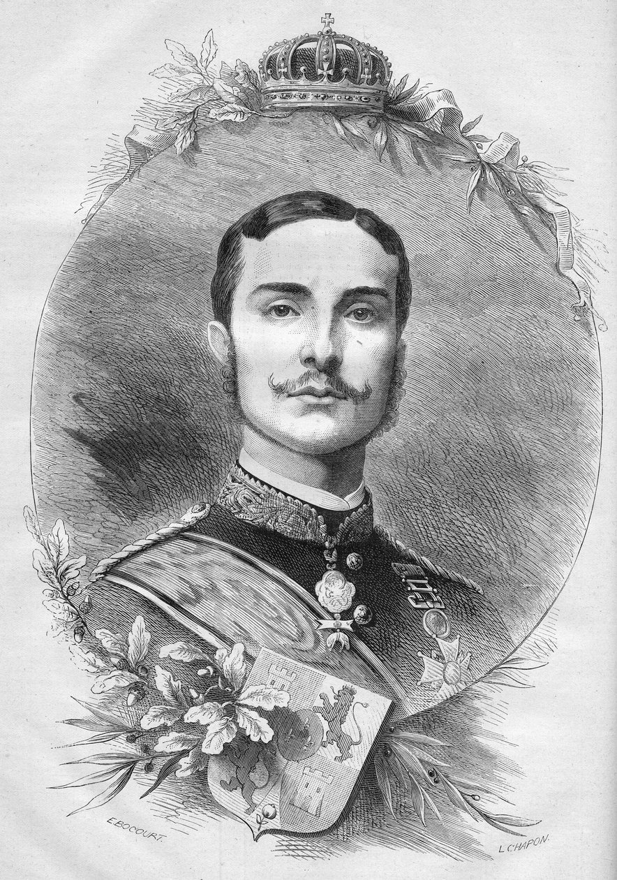 Retrato de Alfonso XII, Rey de España. Grabado en 