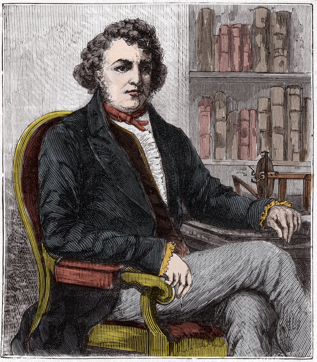 Retrato de Andre Marie Ampere (1775-1836) físico francés - Andre-Marie Ampere (1775-1836), físico francés y pionero de la electrodinámica - Grabado en “Ciencias al alcance de todos - física y química populares” por Alexis Clerc - Finales del siglo XIX de French School