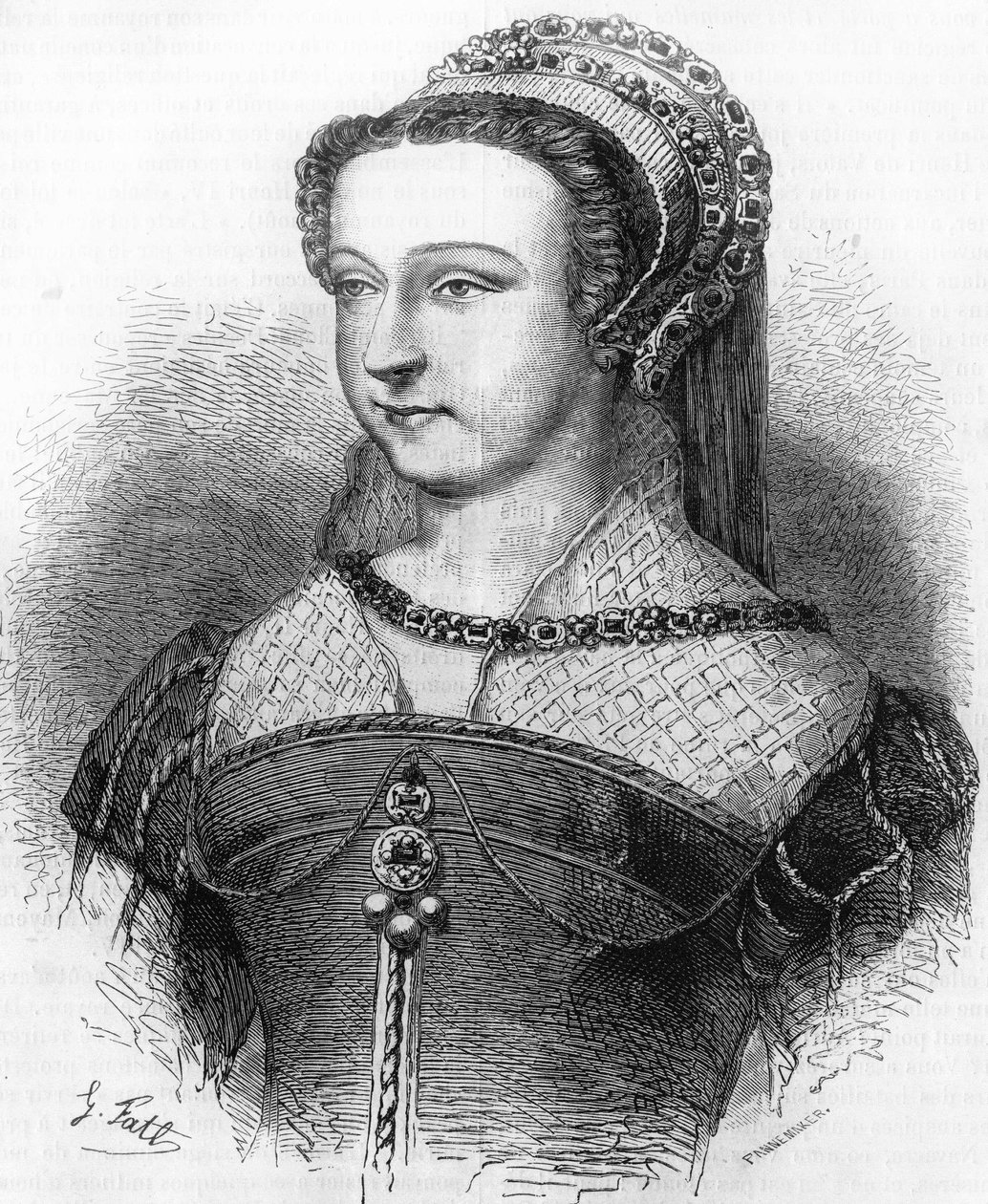 Retrato de Ana de Este, esposa de Francisco de Guisa, luego del duque de Nemours-Saboya. En “Histoire Populaire de la France”, circa 1885. Grabado. de French School