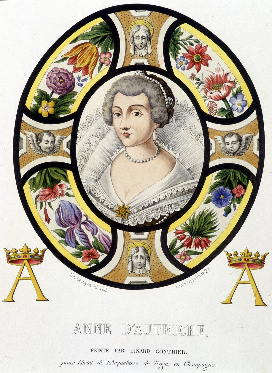 Retrato de Ana de Austria, Reina de Francia (1601-1666). Facsímil de un vitral de la Edad Media en “Histoire de la peinture sur verre” de Ferdinand de Lasteyrie de French School