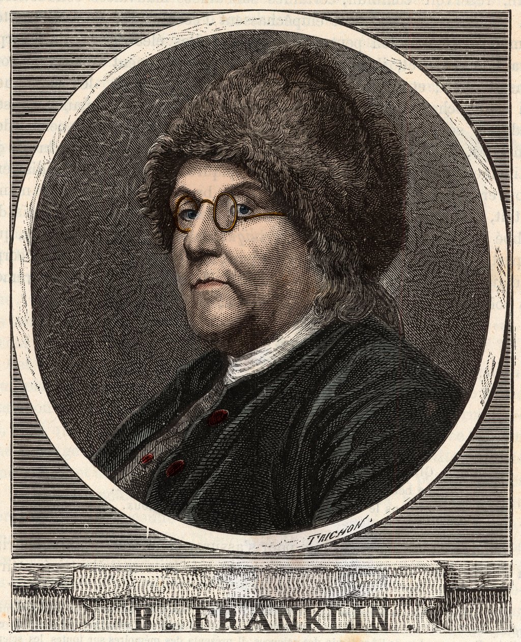 Retrato de BENJAMIN FRANKLIN (1706-1790) impresor, editor, científico, inventor, estadista y diplomático estadounidense - Retrato de Benjamin Franklin (1706-1790), físico, filósofo y político estadounidense - Grabado en “Ciencias puestas al alcance de todo de French School