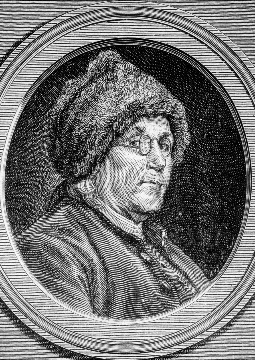 Retrato de Benjamin Franklin (1706 - 1790), político, memorialista, panfletista y físico estadounidense - en "Álbum de la Ciencia; ilustres eruditos; Grandes descubrimientos" 1896 de French School