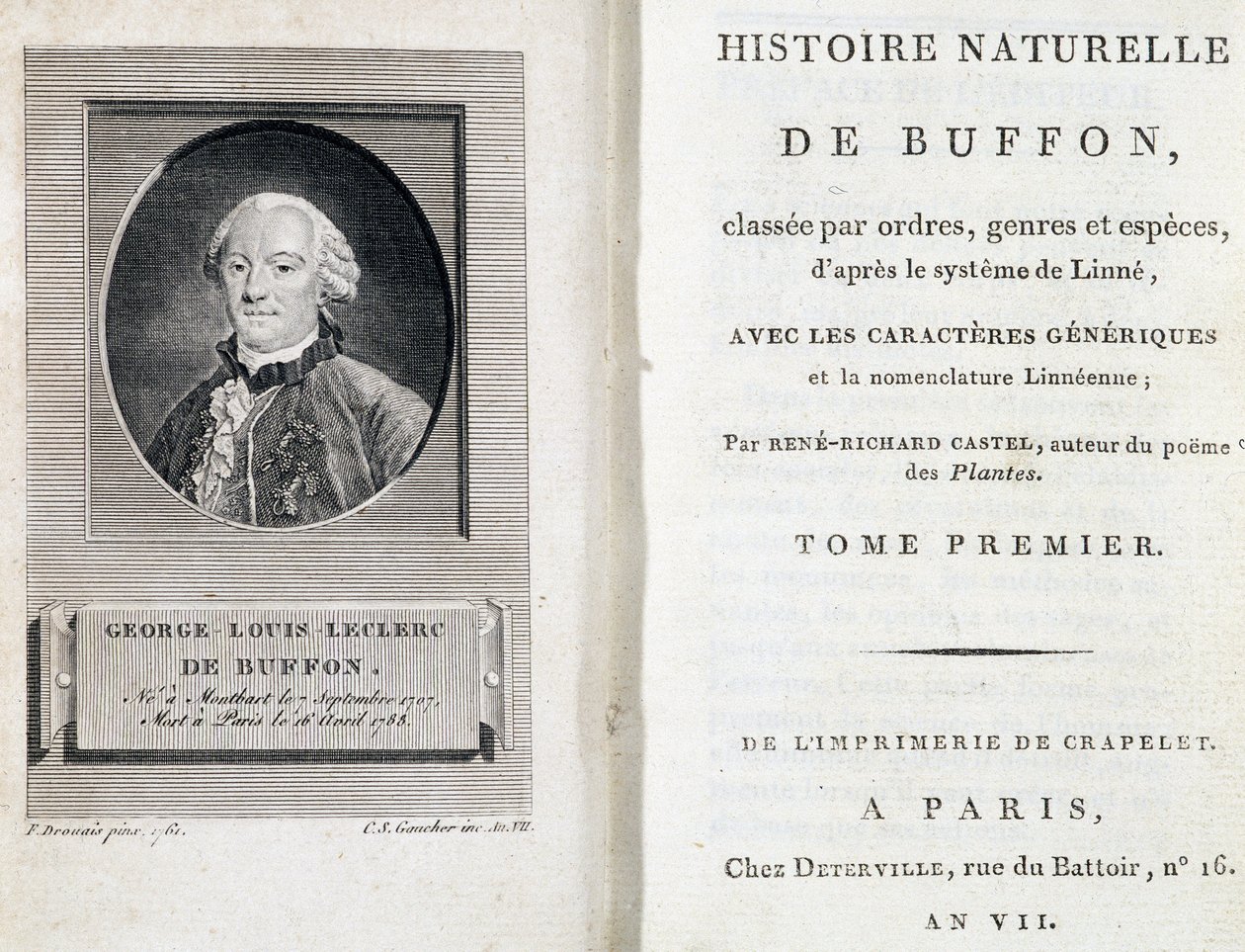 Retrato de Buffon y portada de la "Historia Natural de Buffon" clasificada por órdenes, géneros y especies, según el sistema Linné. de French School