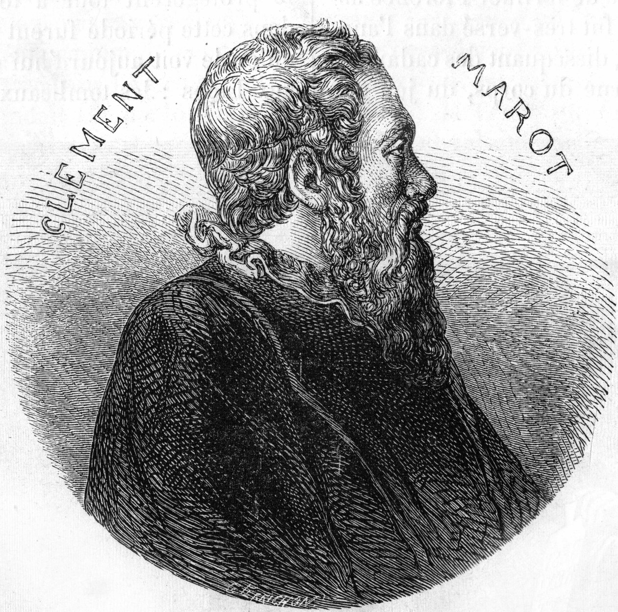 Retrato de Clément des Marets, conocido como Marot (1496-1544), poeta. En “Histoire Populaire de la France”, circa 1885. Grabado. de French School