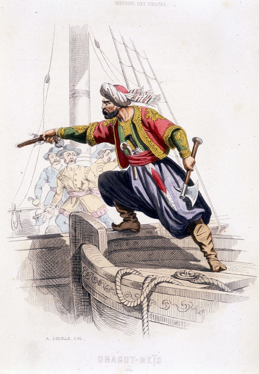 Retrato de Dragut - Reís, pirata turco del siglo XVI - en "Historia de los piratas y corsarios del Océano y del Mediterráneo" por P. Christian, París, ed. D. Cavaillès, Tomo 1 de French School