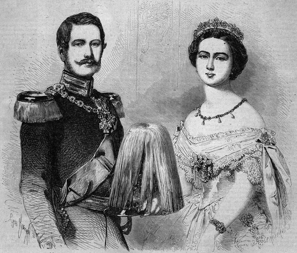 Retrato de Federico Guillermo de Prusia (1831-1888, futuro Federico III, Rey de Prusia y Emperador Alemán) y su prometida, la Princesa Victoria de Inglaterra (1840-1901). Grabado en "Le Monde Illustré" n°41 del 23 de enero de 1858. de French School