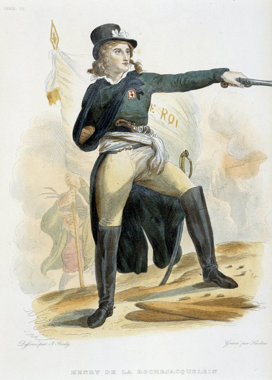 Retrato de Henri du Vergier, conde de La Rochejaquelein (u Orchard de La Rochejacquelein) (1772-1794) con la bandera "live le roi" (en el pecho la insignia de los Vendeens) - en "Le Plutarque Français" de Mennechet, Volumen 8 1841 de French School