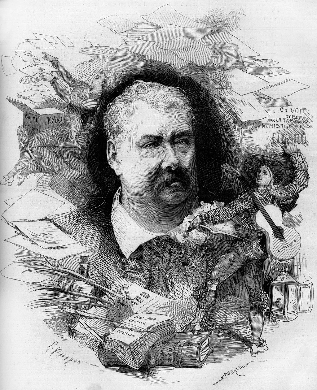 Retrato de Hippolyte de Villemessant (1810-1879), periodista francés, fundador del "Figaro". Grabado en "Le Monde Illustré" n°1151 del 19 de abril de 1879 de French School