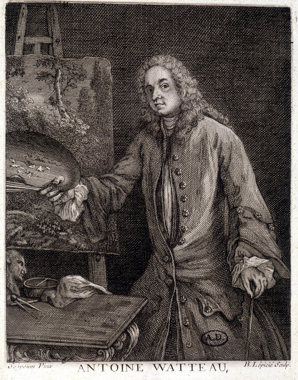 Retrato de Jean Antoine Watteau (1684-1721), pintor francés - grabado de French School