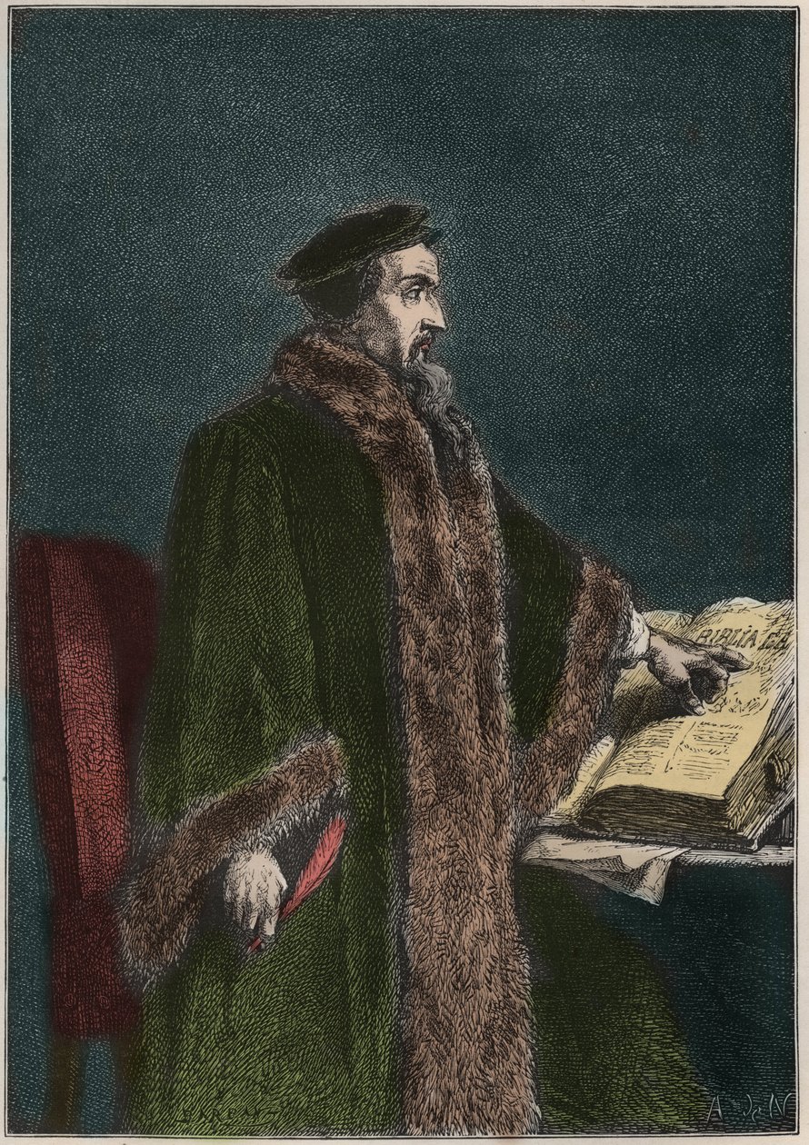 Retrato de Jean Calvin (Jean Cauvin) (1509-1564), reformador religioso y escritor francés - Juan Calvino - grabado de “La historia de Francia contada a mis nietos” - por François Guizot - 1872-1876 de French School