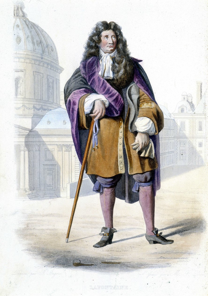 Retrato de Jean de La Fontaine, escritor francés (1621-1695) - en Ed. Mennechet, "Le Plutarque français" de French School