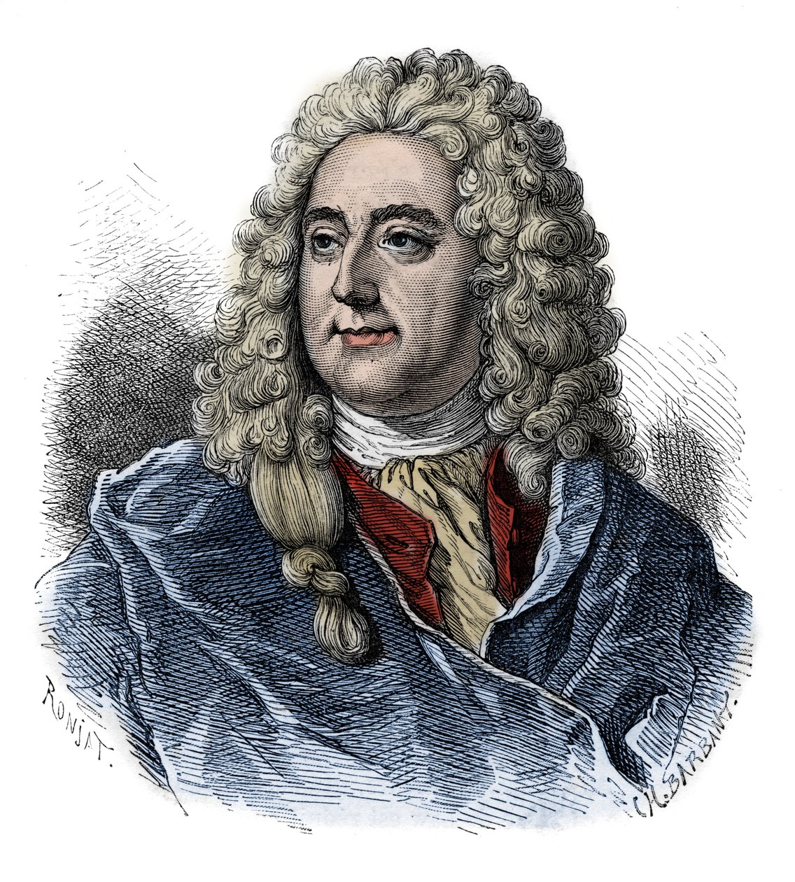 Retrato de John Law (1671 - 1729) Controlador Financiero, responsable escocés de la bancarrota (Evento de La Rue Quincampoix) - grabado de “L