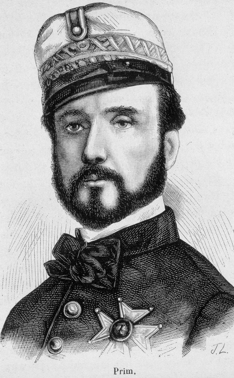 Retrato de Juan Prim y Prats, general y político español (1814 - 1870) - en “The History of France” de Henri Martin de French School