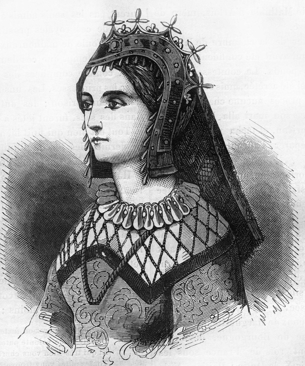 Retrato de Judith de Francia (843-870), Reina de Wessex y luego Condesa de Flandes. Grabado en “Histoire de la prostitution et de la débauche dans les peuples du globe depuis l