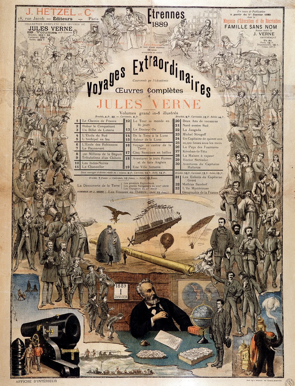 Retrato de Jules Verne y escenas de sus obras - Cartel publicitario de sus obras completas de French School
