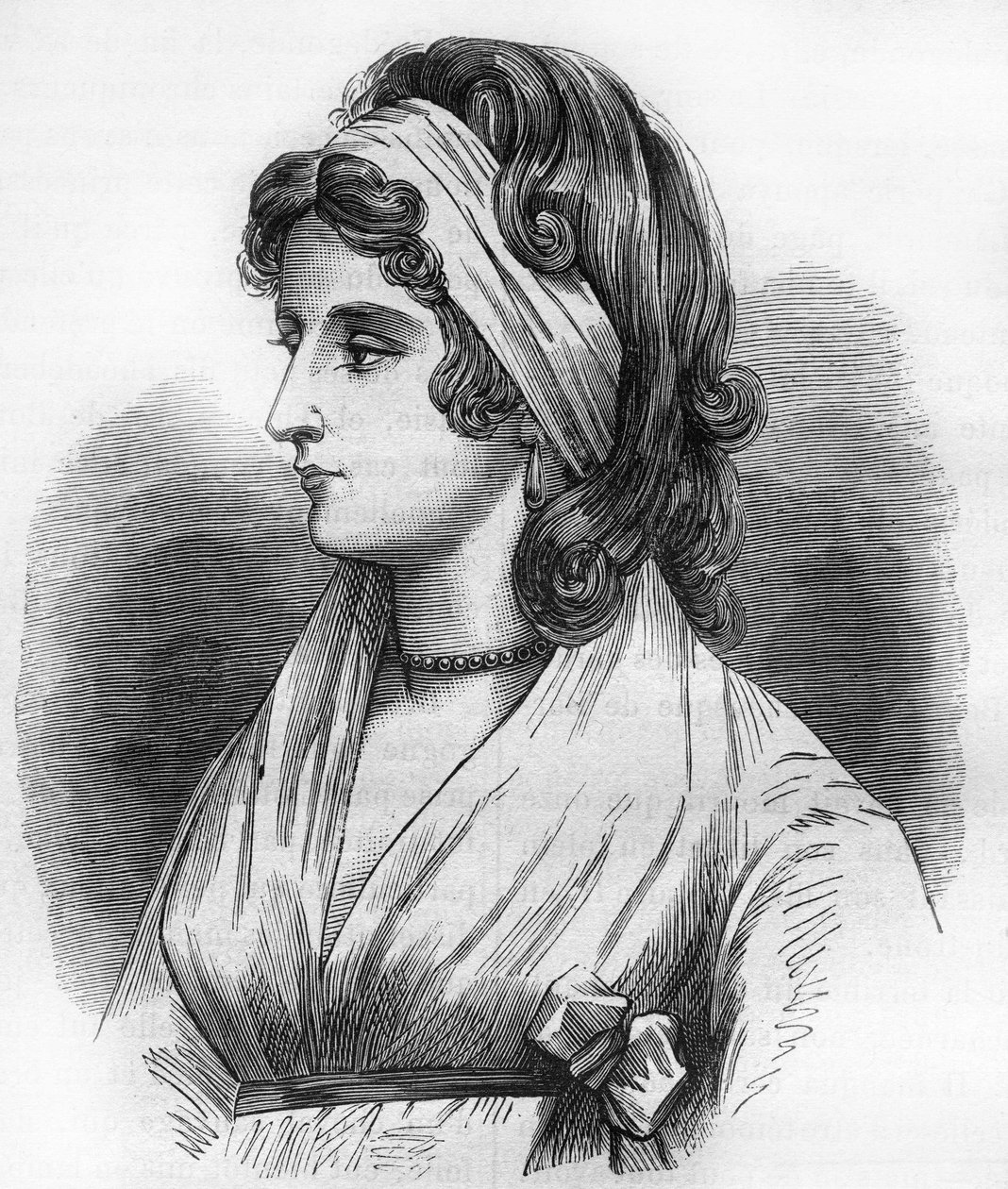 Retrato de Lady Hamilton (Emma Lyons) (1765-1815) amante de Horatio Nelson conocido como Almirante Nelson (1758-1805). Grabado en “La historia de la prostitución y la depravación entre todos los pueblos del mundo desde la antigüedad hasta el presente” por  de French School