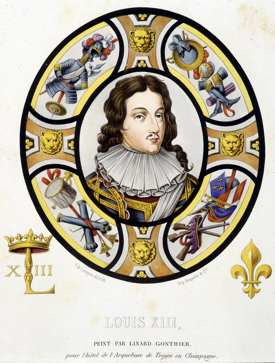 Retrato de Luis XIII Rey de Francia (1601-1643). Facsímil de un vitral de la Edad Media en Historia de la pintura sobre vidrio por Ferdinand de Lasteyrie de French School