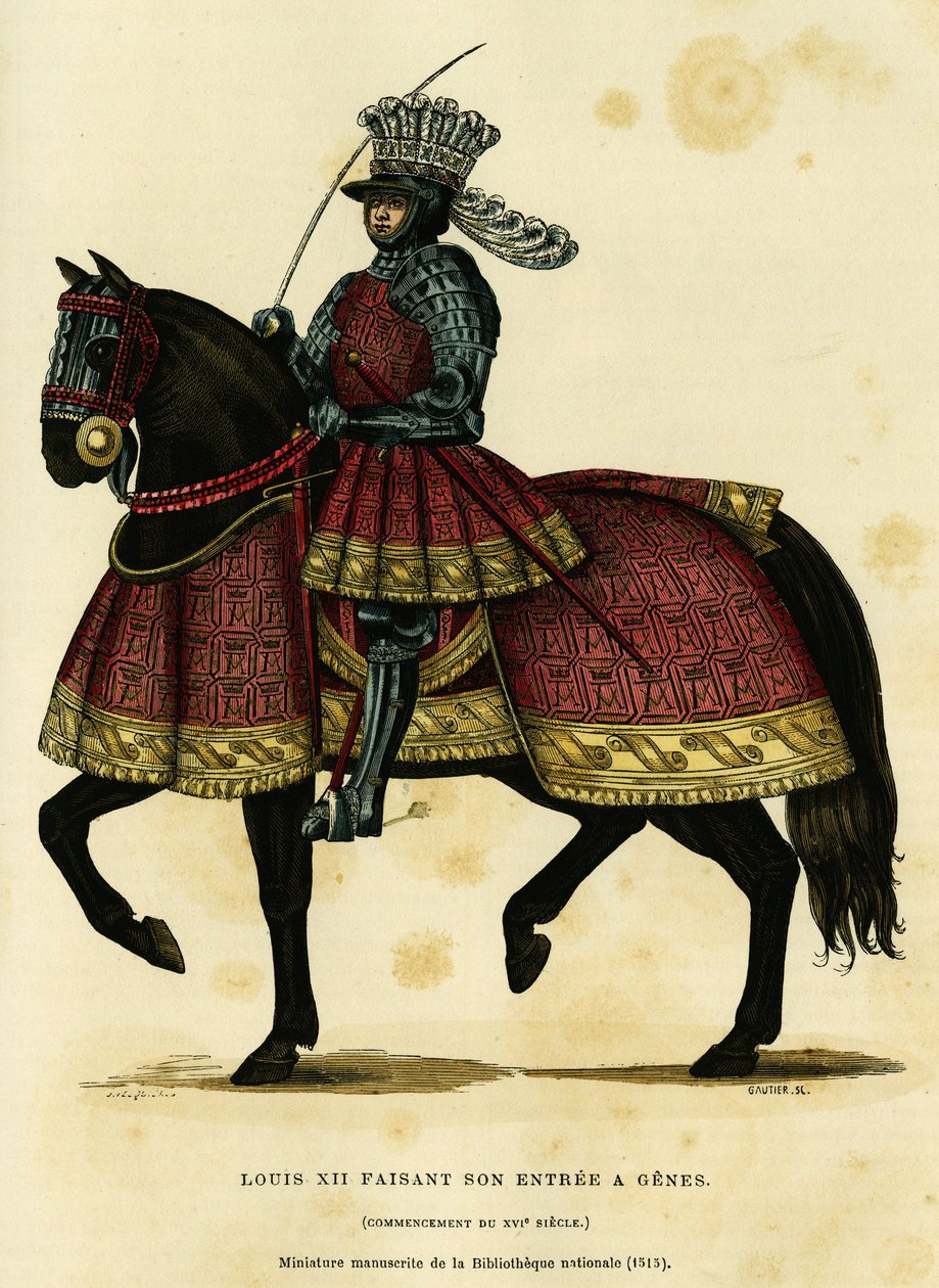 Retrato de Luis XII Rey de Francia (1462-1515), haciendo su entrada en Génova el 26 de agosto de 1502. Grabado en color según un manuscrito miniado de la biblioteca nacional (1515), en “Francia y los franceses a través de los siglos” de Augustin Challamel, de French School