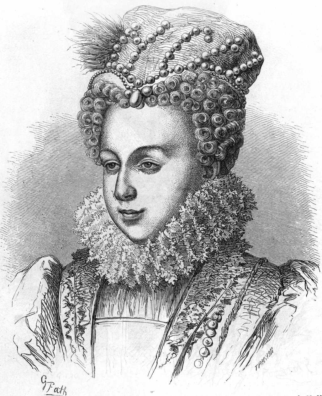Retrato de Margarita de Valois conocida como la Reina Margot (1553-1615) esposa de Enrique IV. En “Histoire Populaire de la France”, c. 1885. Grabado de French School