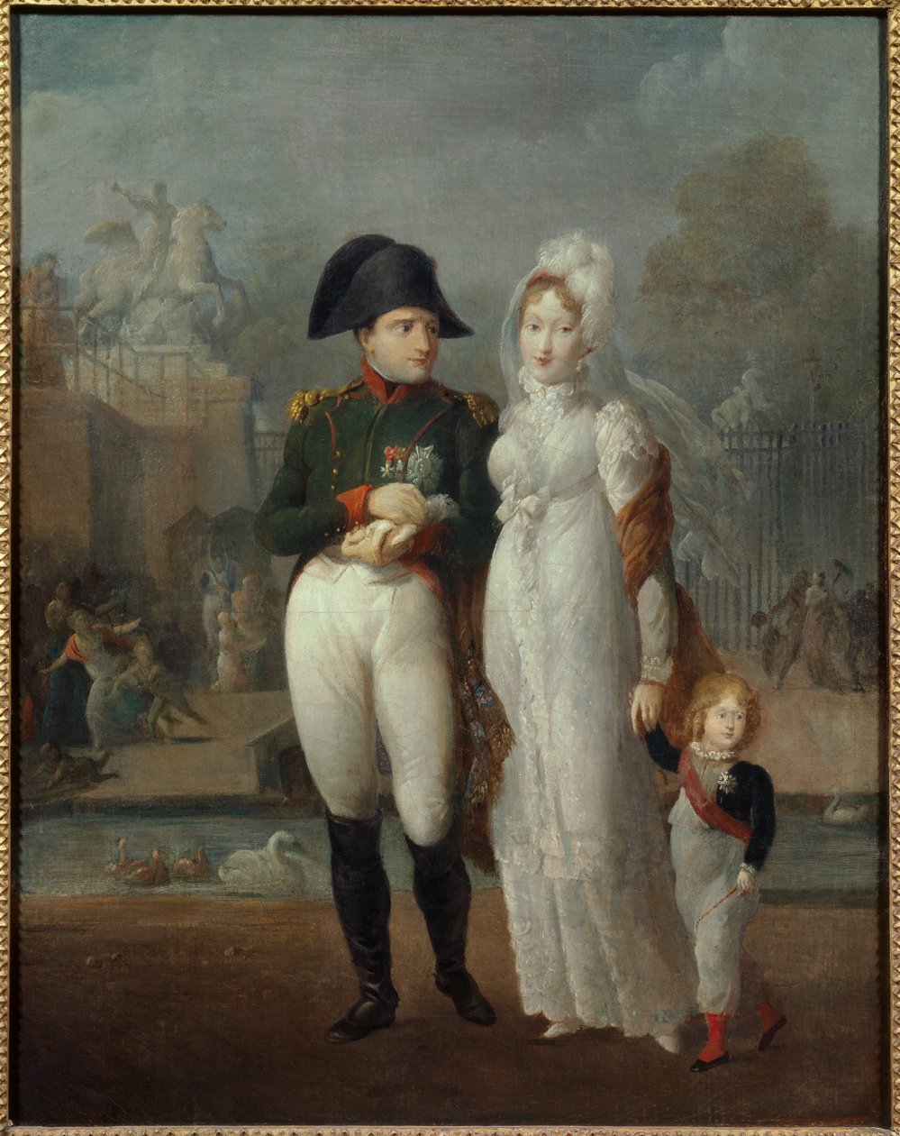 Retrato de Napoleón I (1769-1821) y María Luisa con su hijo, Rey de Roma Napoleón II, Duque de Reichstadt en los Jardines de las Tullerías. Pintura anónima. Siglo XIX. Colección privada. de French School