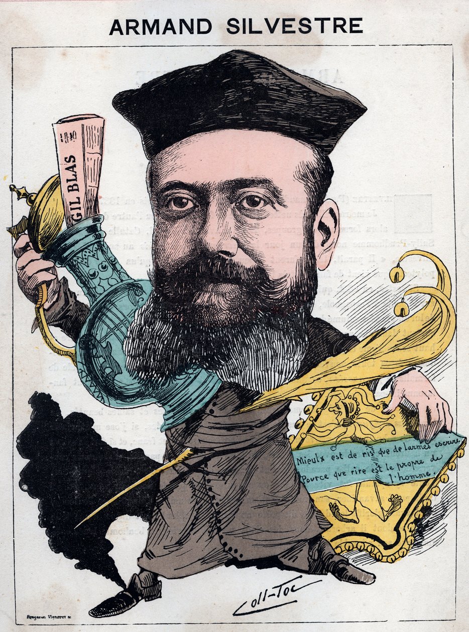 Retrato de Paul Armand Silvestre (1837-1901), poeta francés - caricatura de otros (Collignon y Tocqueville) en "Les Hommes d