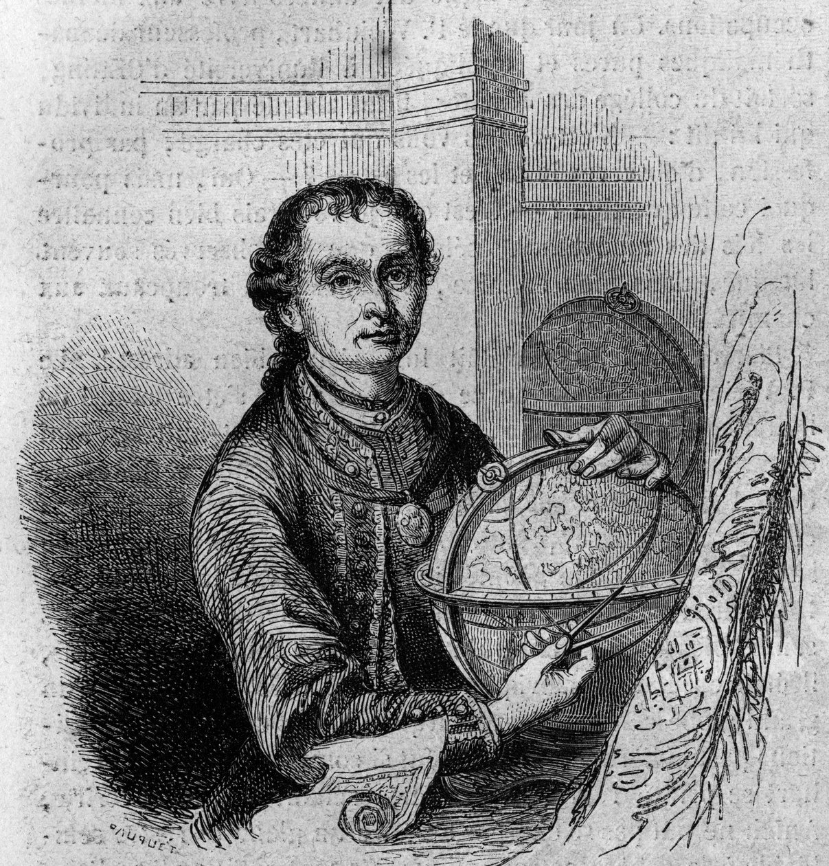 Retrato de Pierre (Peter) Anich (1723-1766), astrónomo y cartógrafo tirolés, sosteniendo un globo y un compás. Grabado en 