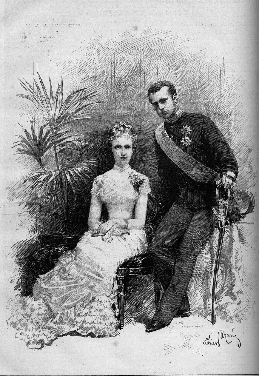 Retrato de la Princesa Estefanía de Bélgica (1864-1945) y el Archiduque Rodolfo de Austria (1858-1889). Grabado en "Le Monde Illustré" n°1209 del 29 de mayo de 1880 de French School