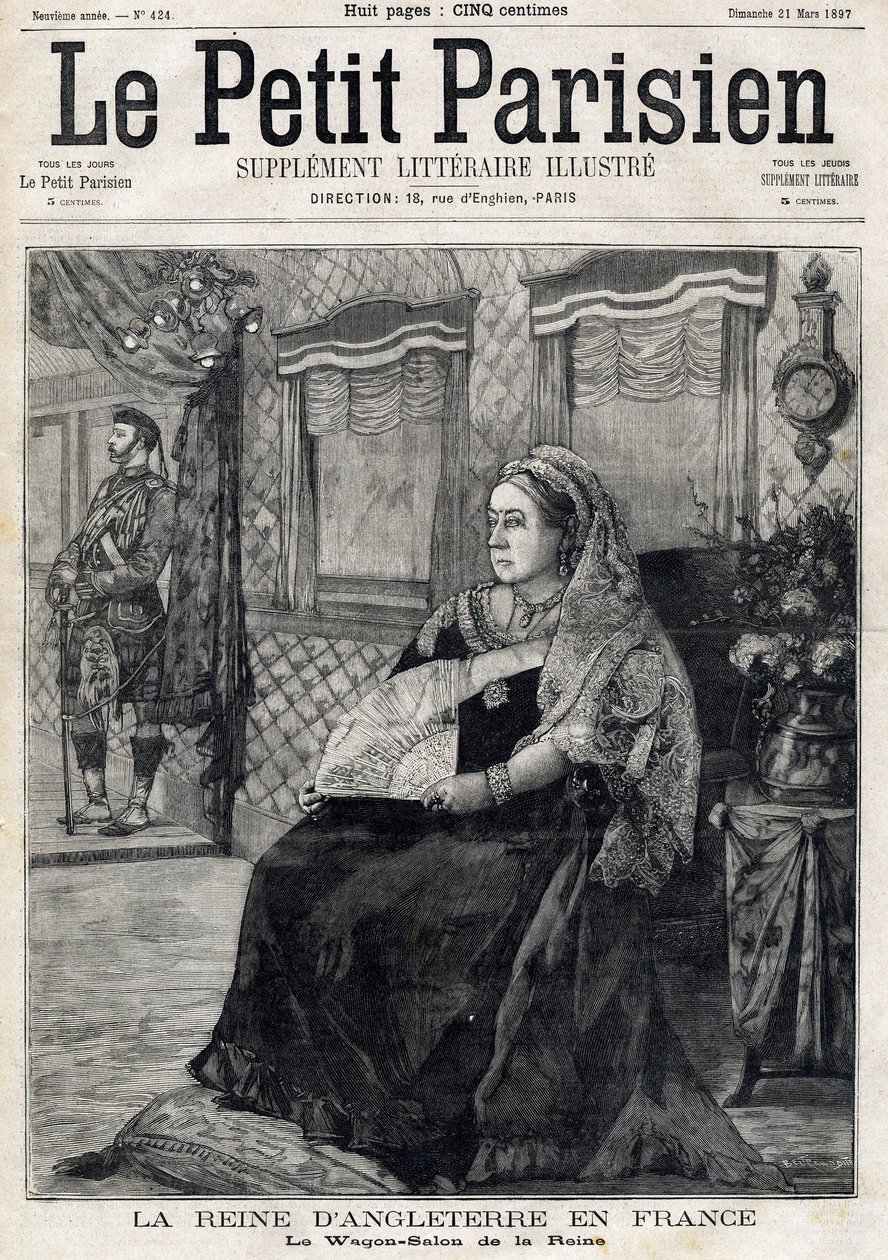 Retrato de la Reina Victoria de Inglaterra (1819-1901), viajando por Francia en su Vagón Salón. Portada del periódico francés Le Petit Parisien. 21 de marzo de French School