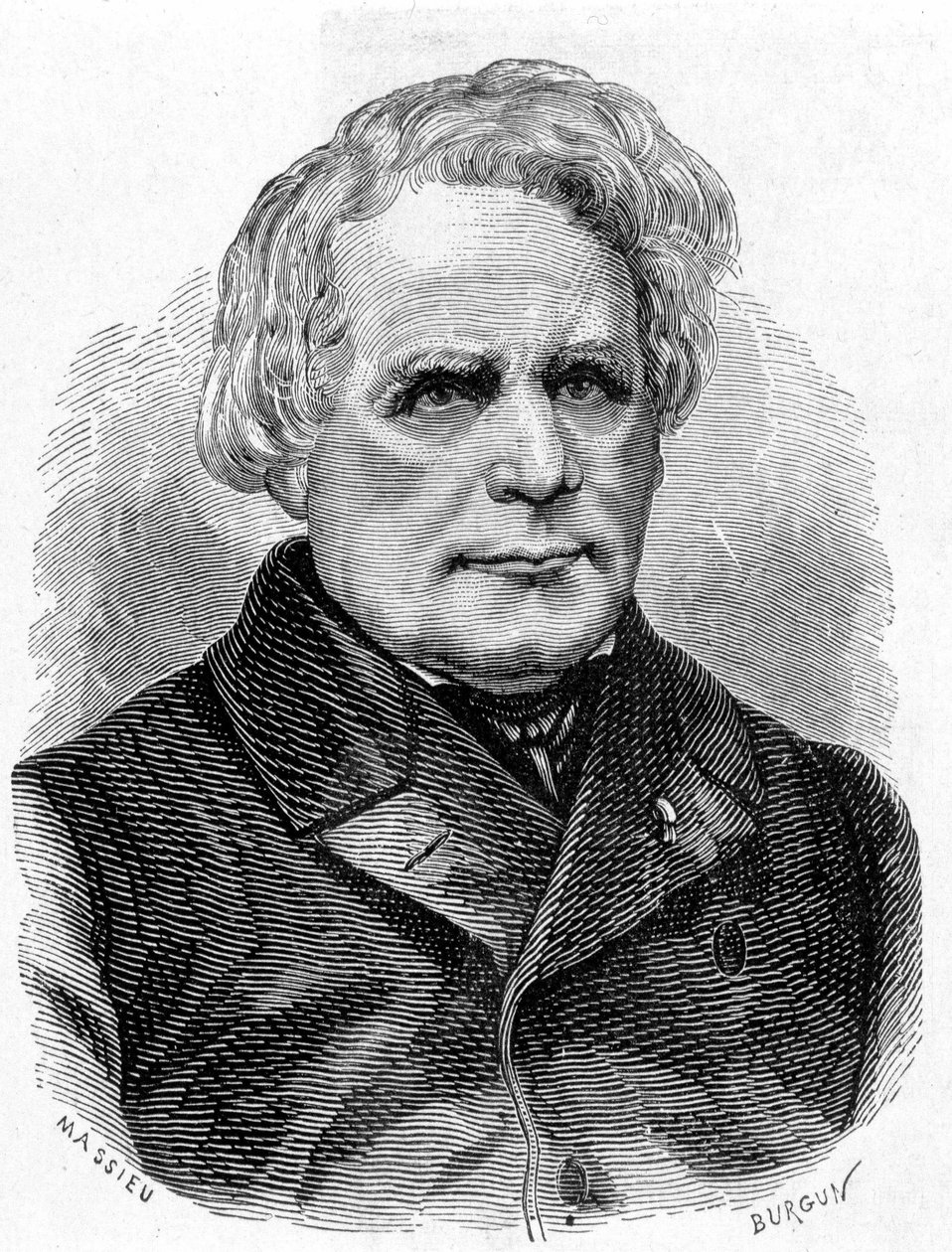 Retrato de Ruhmkorff Heinrich Daniel (1803 - 1877), constructor de instrumentos de física (el aparato de inducción), mecánico y electricista alemán - en “Álbum de Ciencia; científicos ilustres; Grandes descubrimientos” 1896 de French School