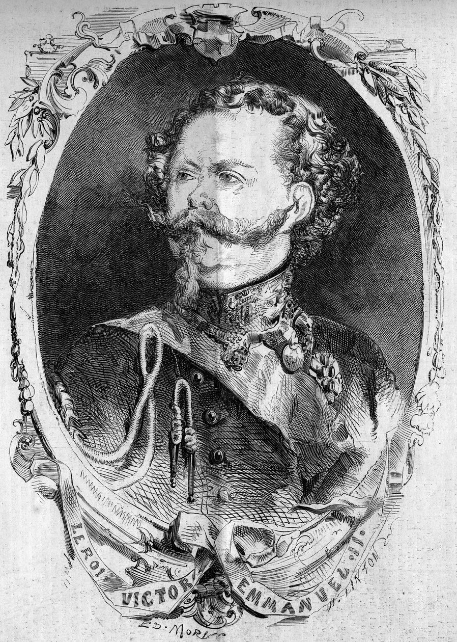 Retrato de Victor Emmanuel II (Vittorio Emanuele) (Victor-Emmanuel) (1820-1878), Rey de Cerdeña y futuro Rey de Italia. Grabado en “Le Monde Illustré” n°95 del 5 de febrero de 1859. de French School