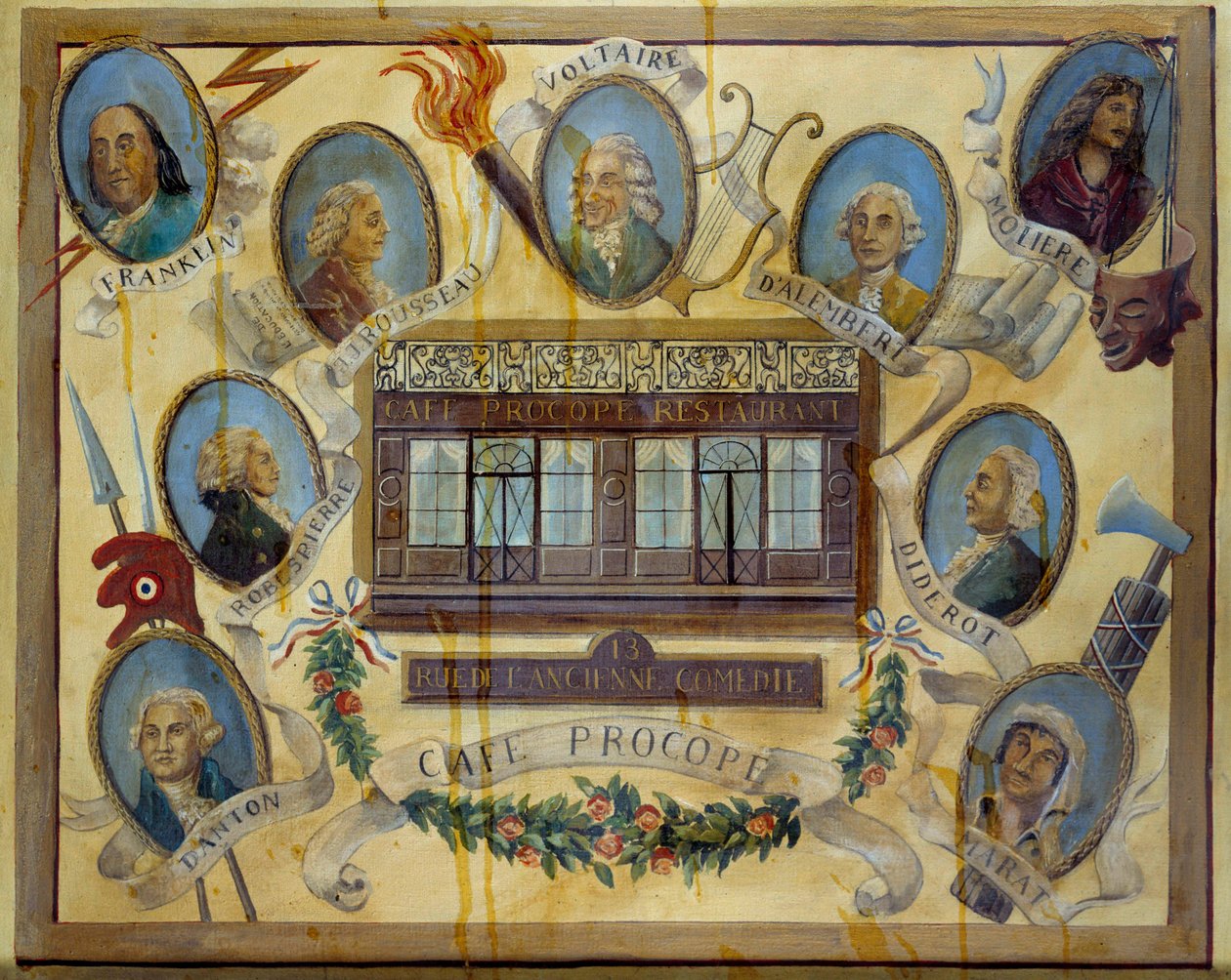Retrato de personajes históricos y vista del café parisino Le Procope: Benjamin Franklin, Jean Jacques Rousseau, Voltaire, Jean D