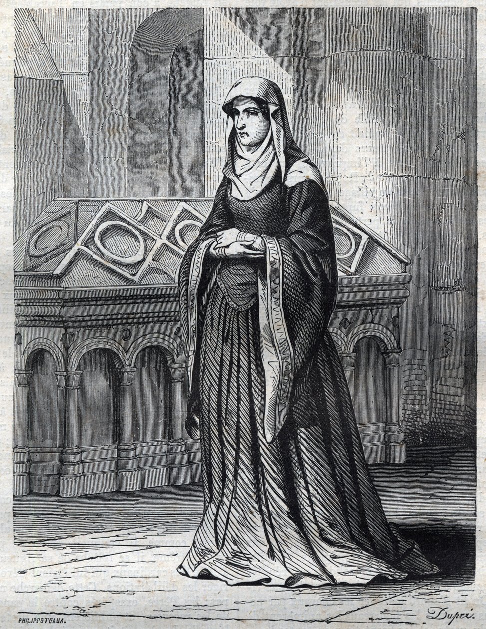 Retrato de la monja benedictina que habría sido la amante y hermana del Papa Gregorio XII y la madre de Eugenio IV (Gabriele Condulmer 1383-1447). Grabado en “Historia de los Papas (...) Crímenes de los Reyes y Emperadores a través de los siglos” por Mauri de French School