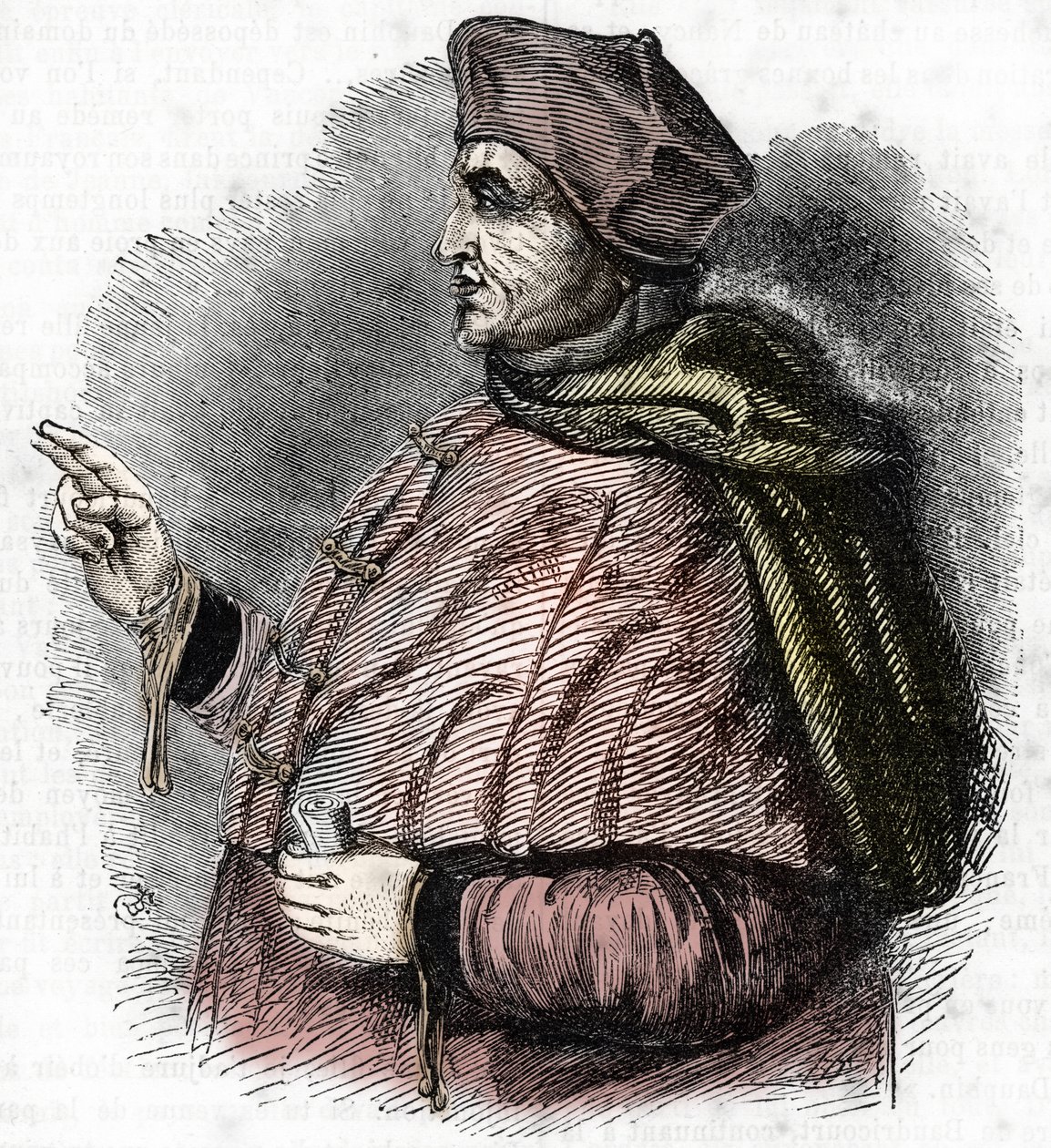 Retrato del Eveque Pierre Cauchon (1371-1442) Autorizante del Proceso de Juana de Arco (Retrato de Pierre Cauchon obispo de Beauvais) Grabado de French School