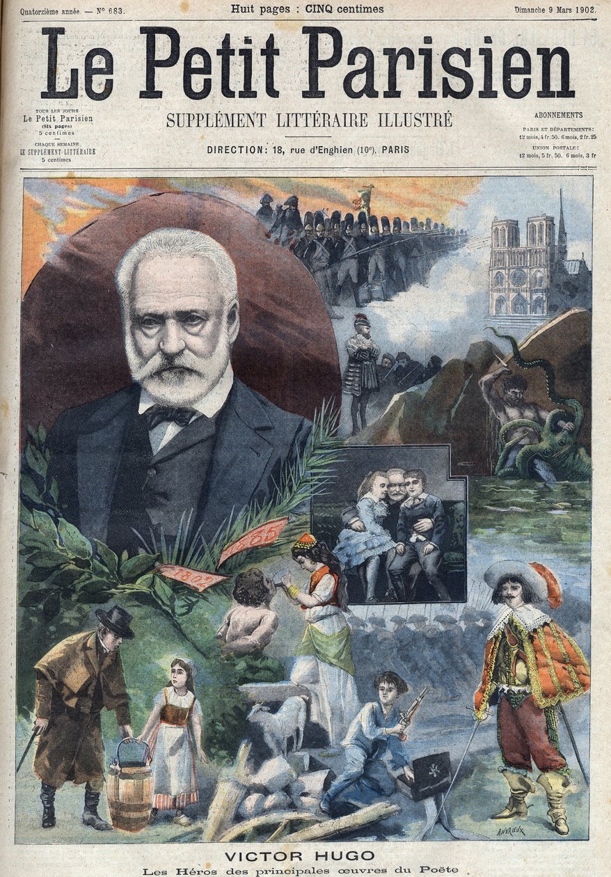 Retrato del escritor francés Victor Hugo (1802-1885) con ilustraciones de sus principales obras. Grabado en "Le Petit Parisien" de French School