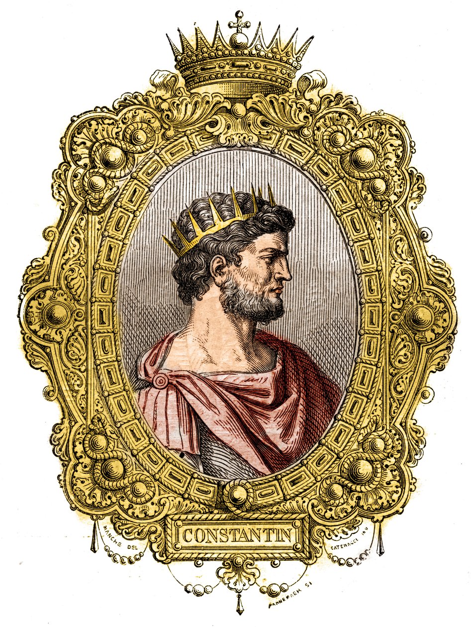 Retrato del emperador romano Constantino I El Grande (274-337). Grabado en “Histoire des papes-rois-reinas-et-empereurs a travers les siècles” de Maurice Lachatre de French School