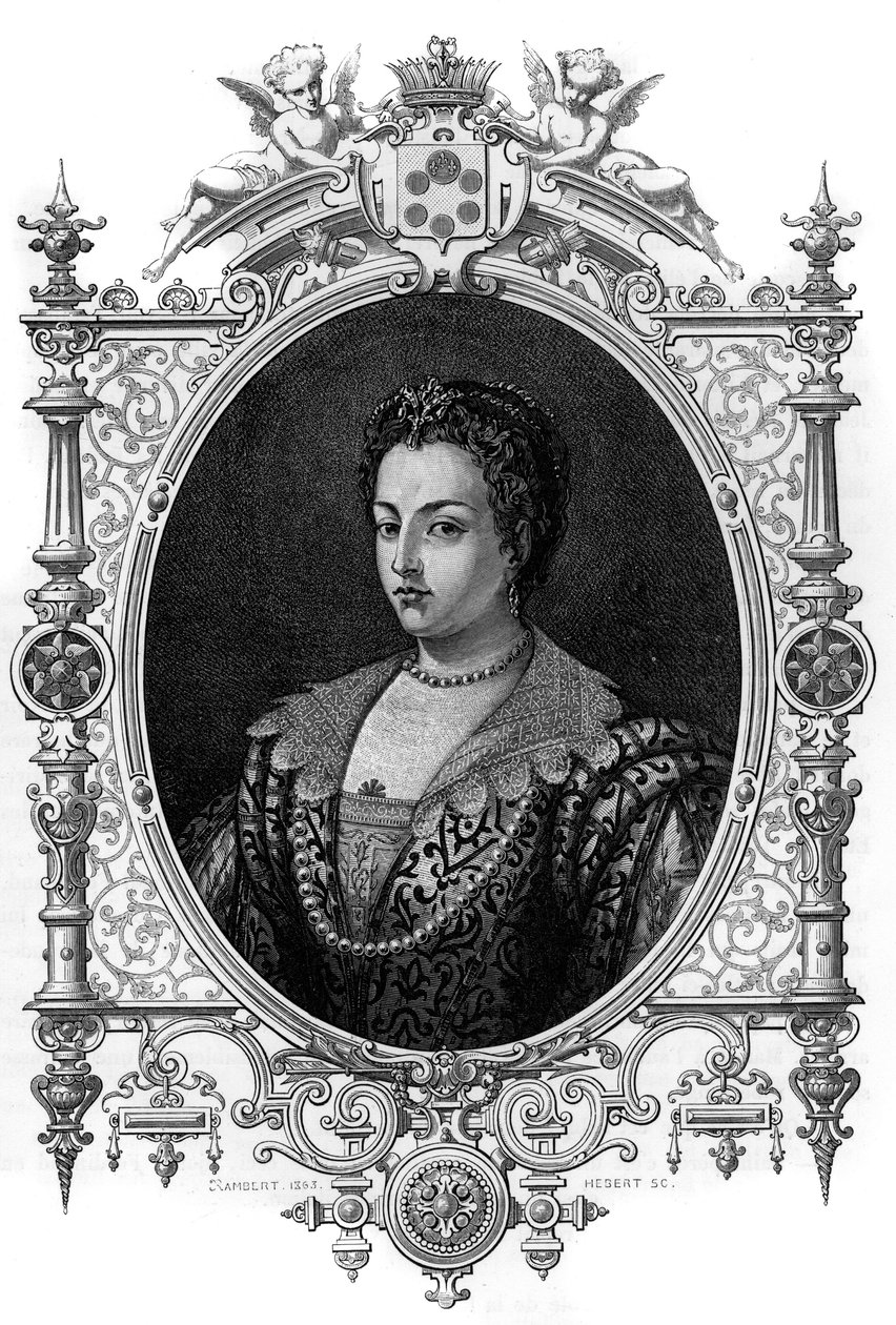 Retrato de la veneciana Bianca Cappello (1548 - 1587), esposa de Francisco de Médicis (Francesco de Medici). Grabado de 1862 en “Las Reinas del Mundo” por nuestros primeros escritores. Libro publicado bajo la dirección de J. G. D. Armengaud. de French School