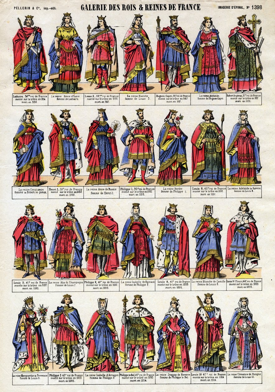 Retrato de los reyes y reinas de Francia de la dinastía capetiana (dinastía capetiana) desde Lotario (941-986) hasta Luis X el Obstinado (1289-1316). Imagen de Épinal de finales del siglo XIX. Colección privada. de French School