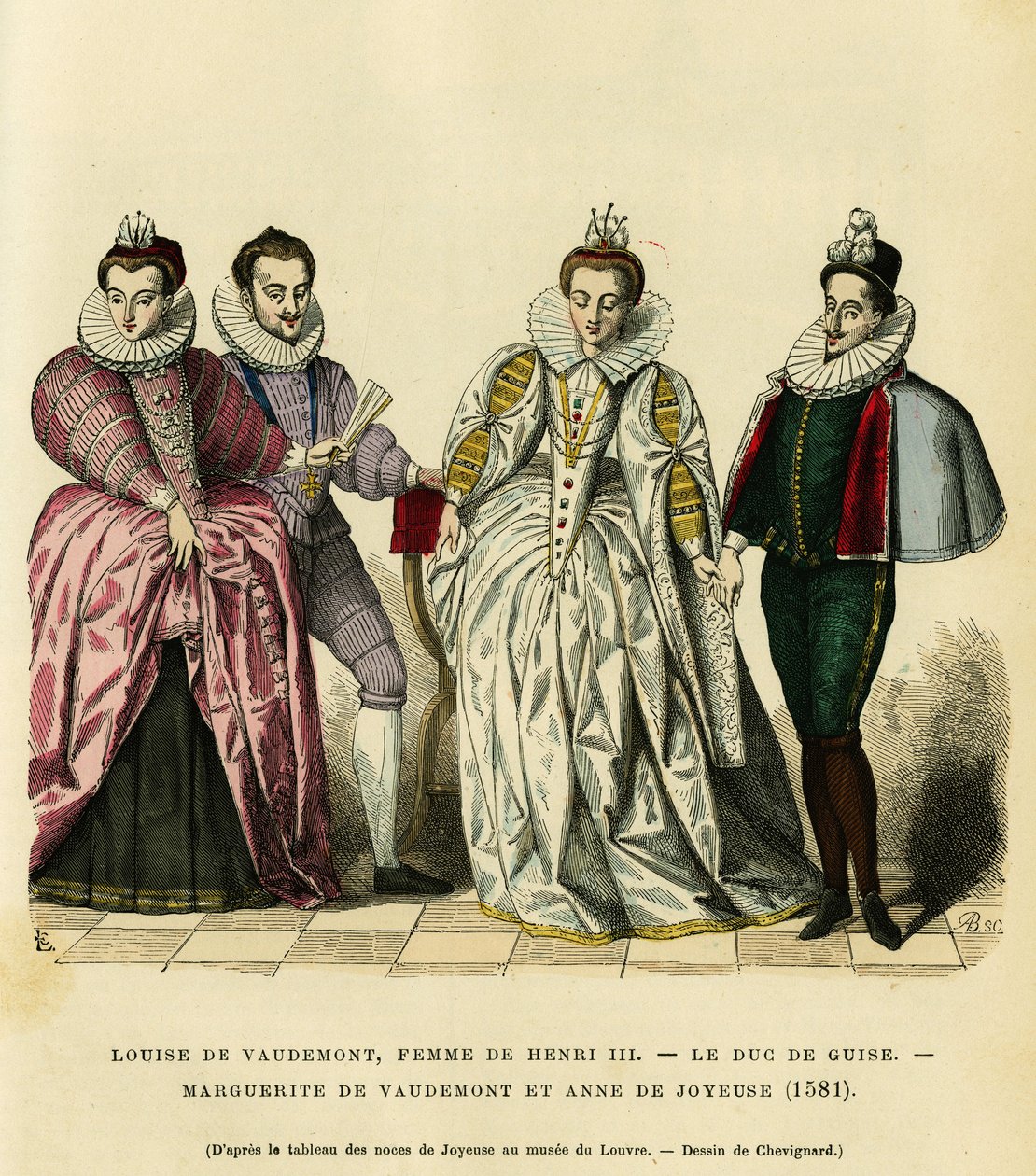 Retratos en 1581, de Louise de Vaudemont (1553-1601), Reina de Francia, esposa de Enrique III (1551-1589), del tercer Duque de Guisa, Henri I, conocido como el Balafré (1549-1588), de Margarita de Lorena (1564-1625) hija del Conde de Vaudemont (Nicolas) de French School