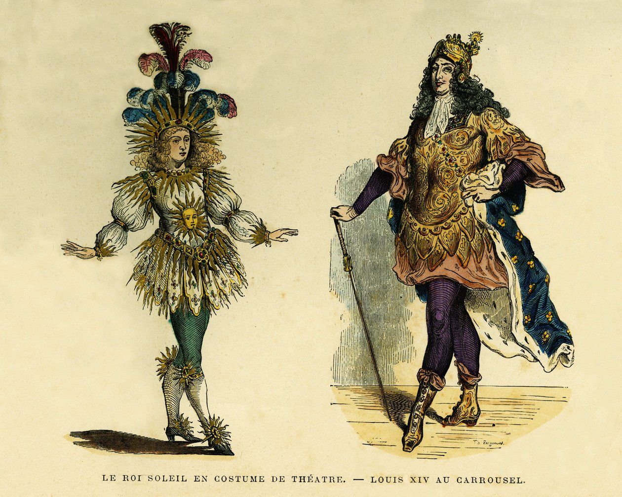 Retratos del Rey Luis XIV (1638-1715), en traje de teatro y carrusel. Grabado en color, en “Francia y los franceses a través de los siglos” de Augustin Challamel, F.Roy editor, París 1882. Colección Selva. de French School