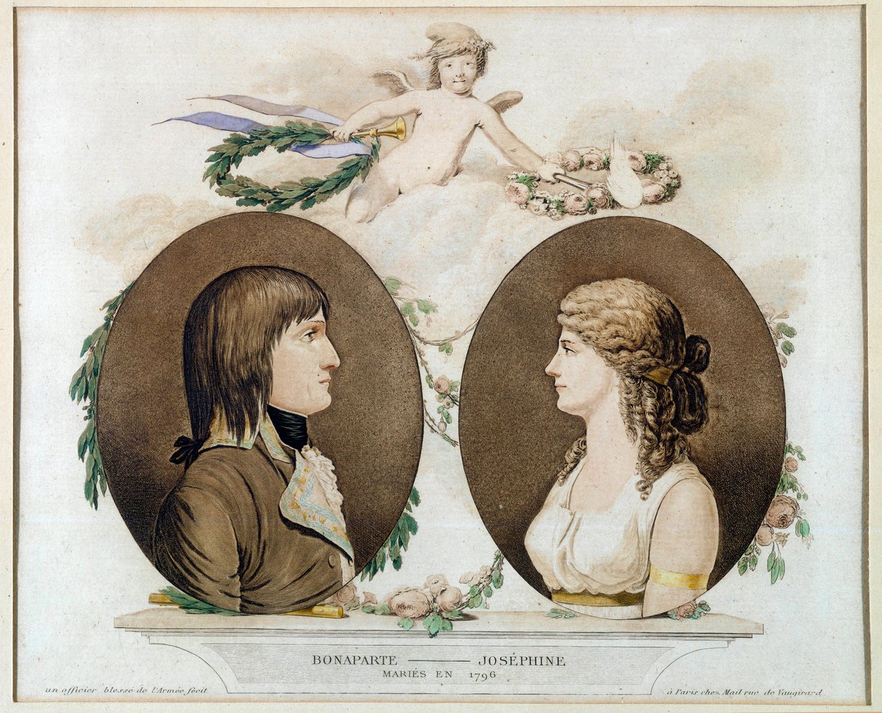 Retratos de Napoleón Bonaparte (1769-1821) y Josefina de Beauharnais (1763-1814) casados en 1796. Acuarela anónima alrededor de 1800. Malmaison, museo del castillo de French School