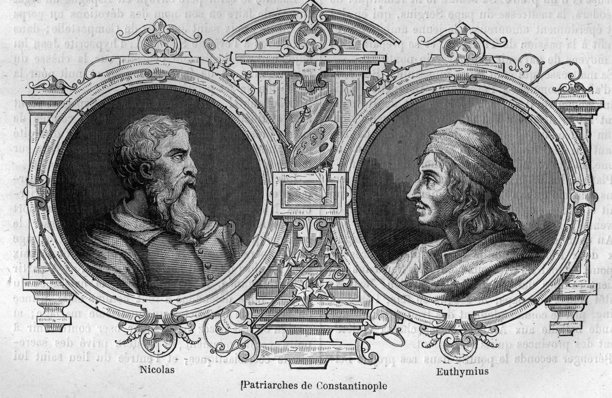 Retratos de Nicolás el Místico (siglo X) y Eutimio del Athos (955-1028), Patriarcas de Constantinopla. Grabado en “Histoire des Papes-Rois-Queen and Empereurs a travers les centuries” por Maurice Lachatre de French School