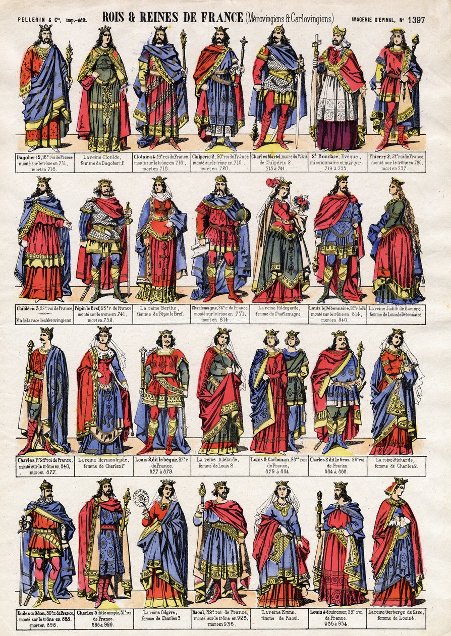 Retratos de los reyes y reinas de Francia de la Dinastía de los Merovingios y Carolingios. Imágenes de Épinal finales del siglo XIX. Colección privada. de French School