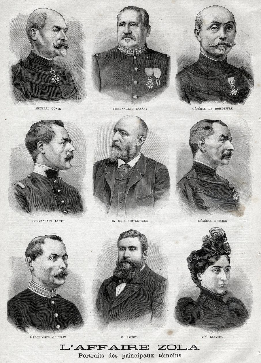 Retratos de los principales testigos en el caso Dreyfus Zola en "Le Petit Journal", 27 de febrero de French School