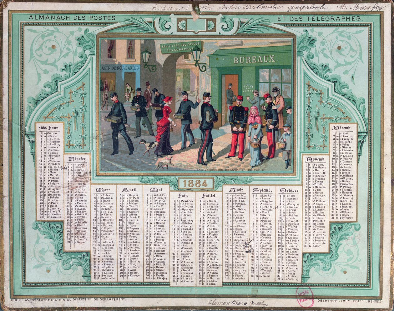 Calendario de correos de 1884 de French School
